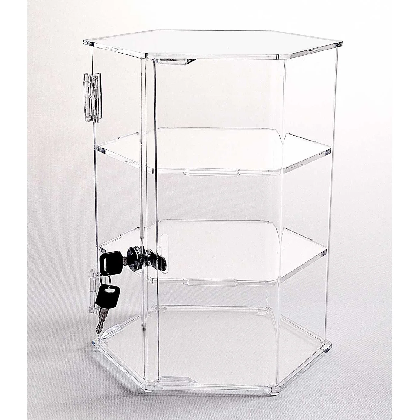Hexagonal 2 Shelves Locking Rotating Base Watch Ring Glass Acrylic Counter Display Box Case