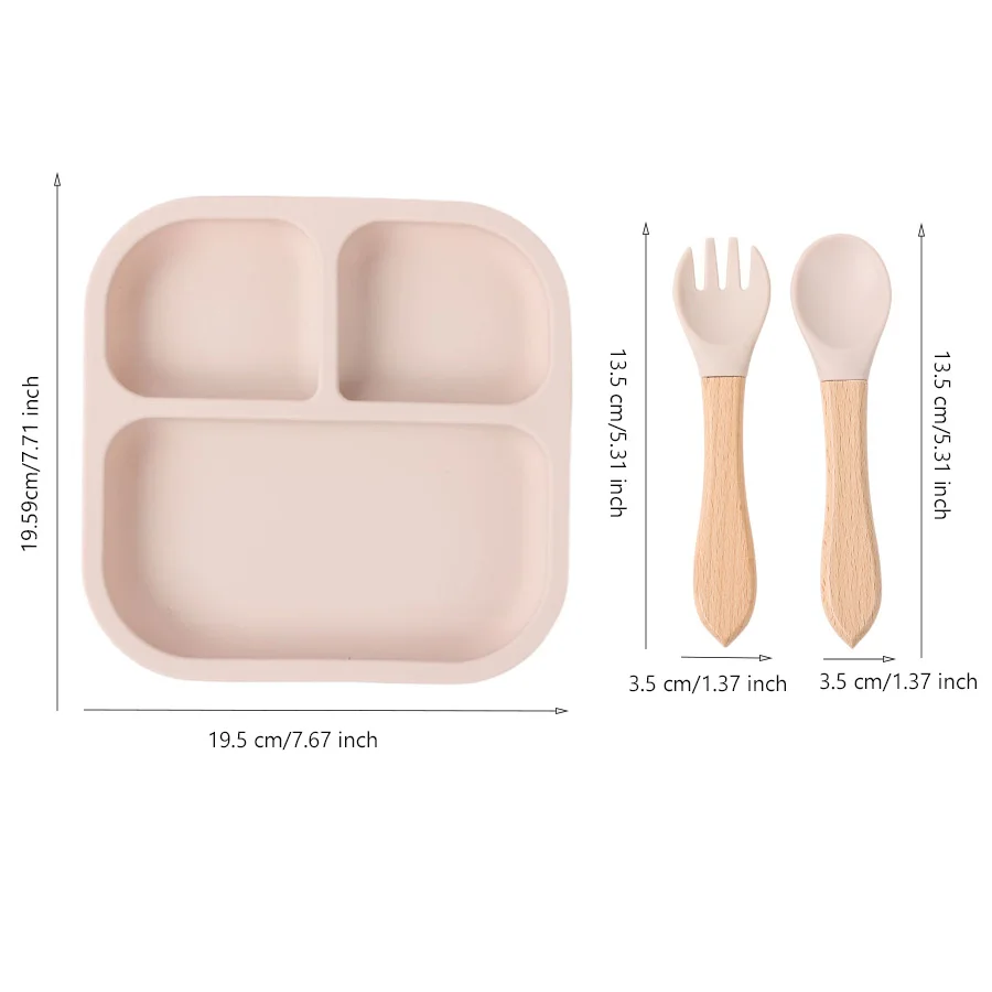 3pcs BPA-Free Microwave-Safe Silicone Baby Feeding Set Wooden Handle Spoon Fork Divided Design Suction Plate Toddler Dining Kit