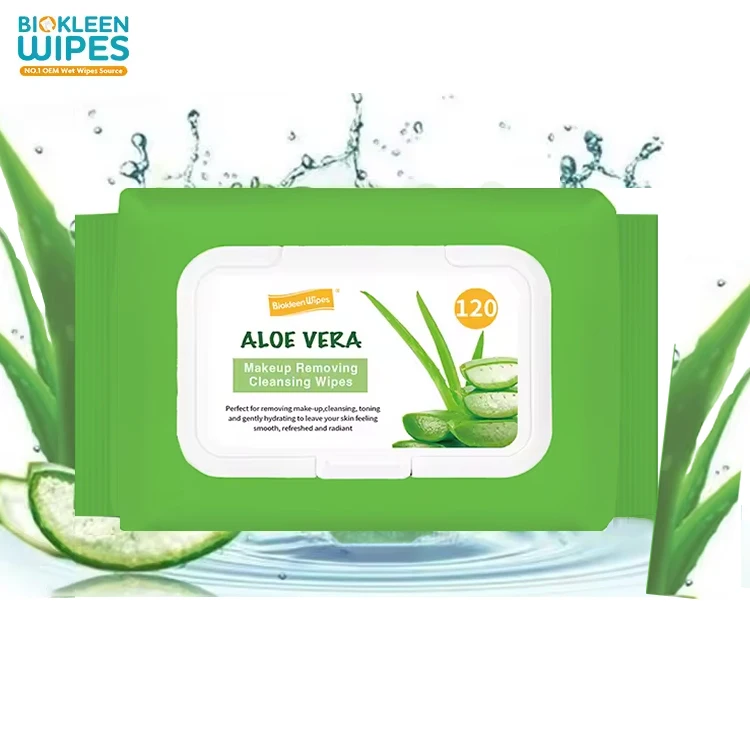 Biokleen OEM 120 pcs Private Label Aloe Vitamin E Face Cleansing Wipes Gentle Facial Cleansing Makeup Remover Wet Wipes
