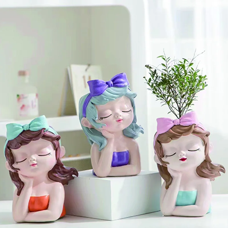 Custom logo new girl face flower planter creative cute girl resin succulent flowerpot for home decor