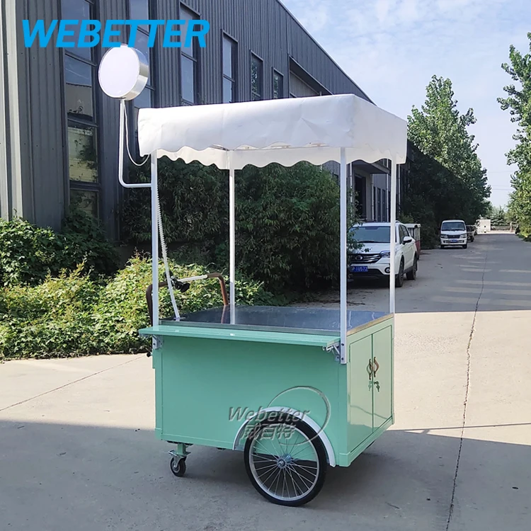 WEBETTER Hand Pushed Hamburgers Coffee Food Cart Outdoor Commercial Flower Coffee Cart with Umbrella