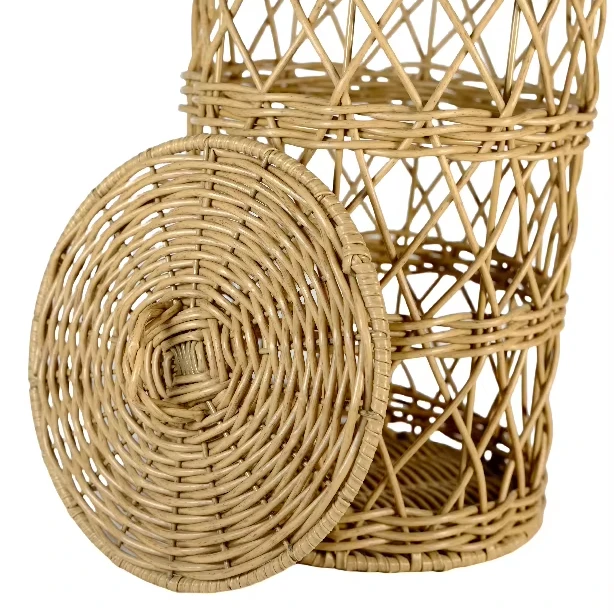 Hand-Woven Eco-Friendly Plastic Rattan Basket Metal Wheelie Wicker Storage Basket for Sundries