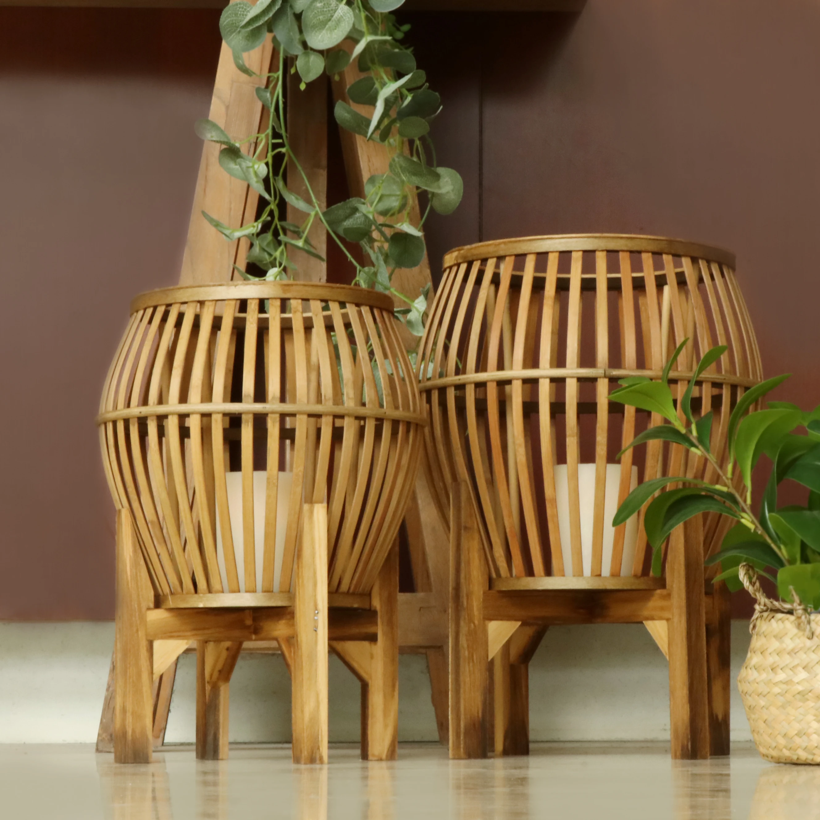 New Product Two Size Natural Rattan Planters For Indoor Plants With Stand Flower Planter