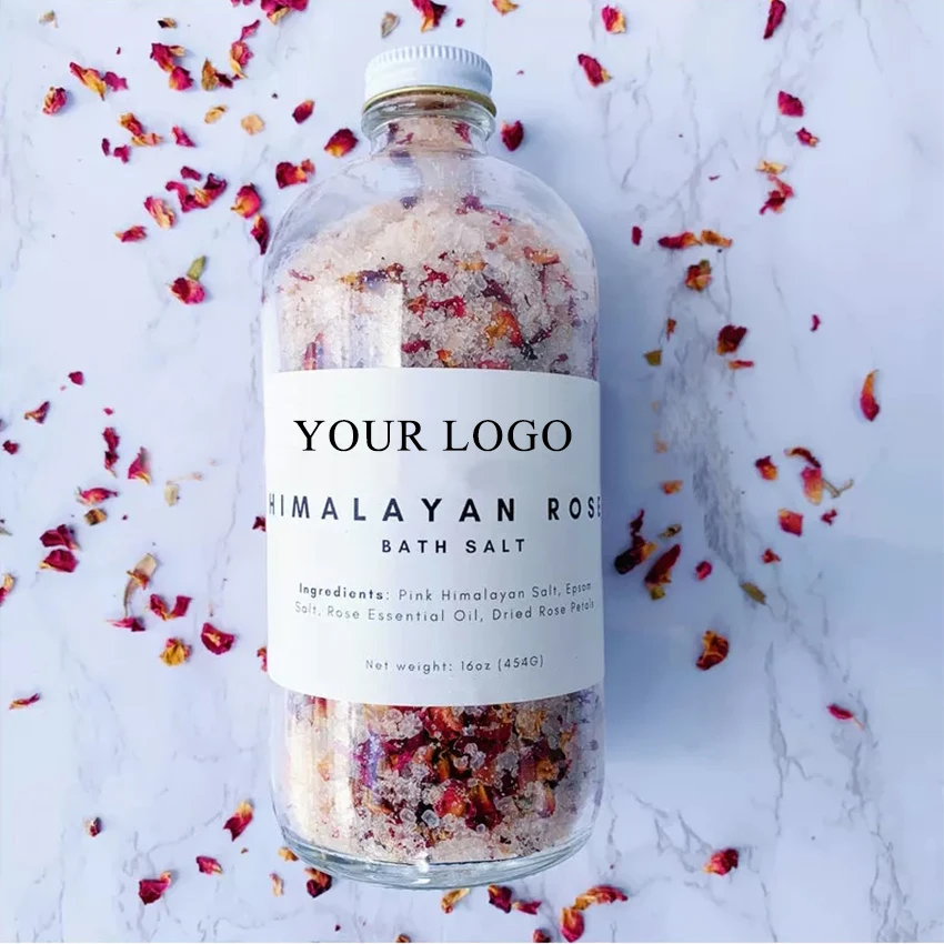 Private Label Herbal Bulk Large Bath Salts Himalayan Salt Lavender Jasmine Rose Bath Soak Bath Salts with Flowers