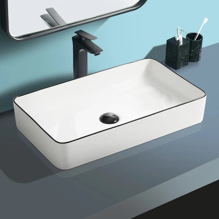 Minimalist Rectangular Countertop Bathroom Vessel Sink Ceramic Hand Wash Basin Bathroom Sinks Art Basin