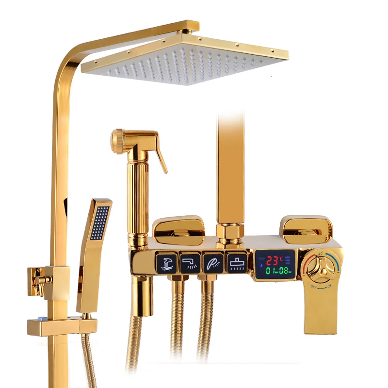 Золотистый смеситель для душа с цифровым дисплеем и постоянной температурой, смеситель для душа, биде для ванной комнаты, бытовой смеситель под давлением для горячей и холодной воды с четырьмя способами
