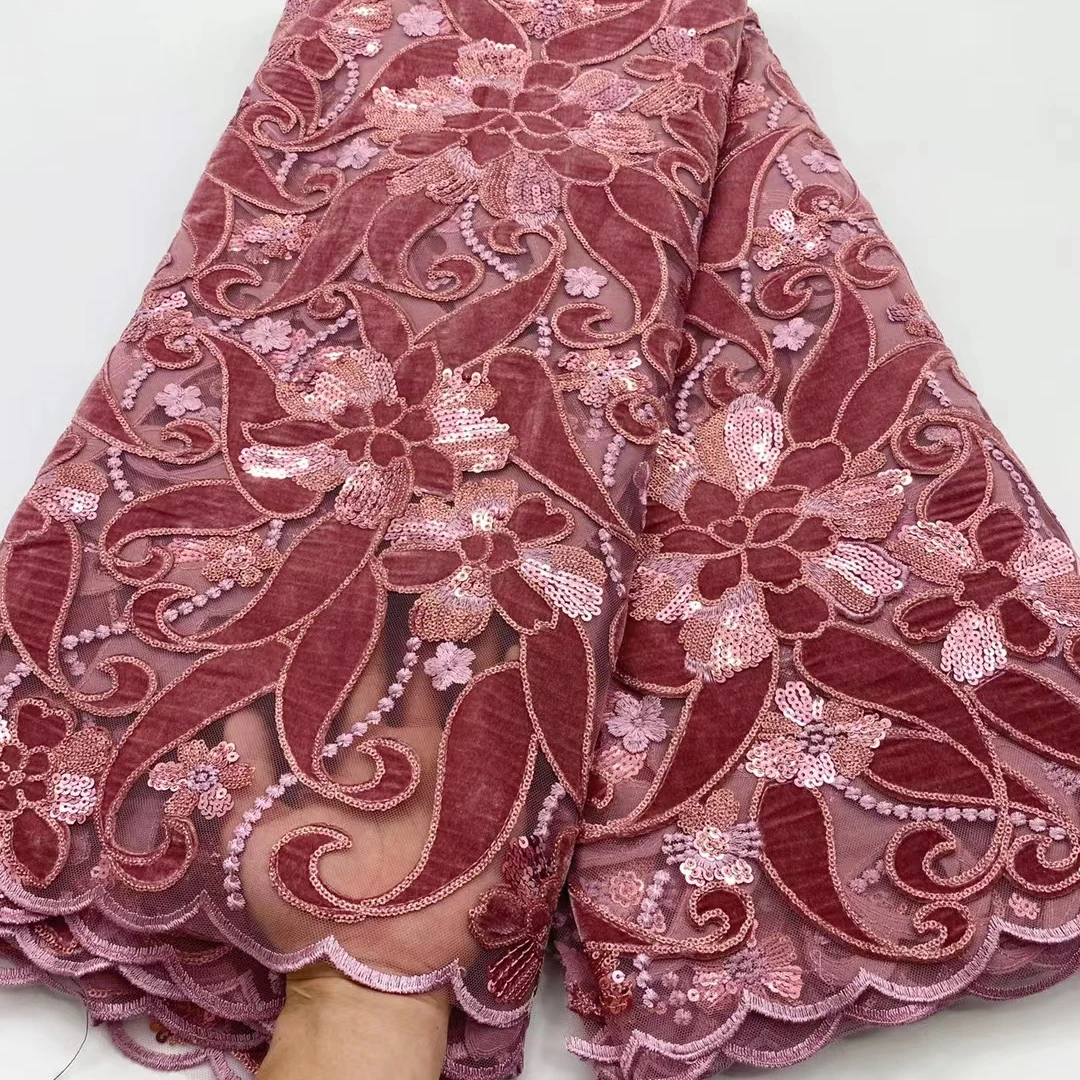 Velvet fabric Latest French Tulle Lace with sequins African high quality net lace XH401