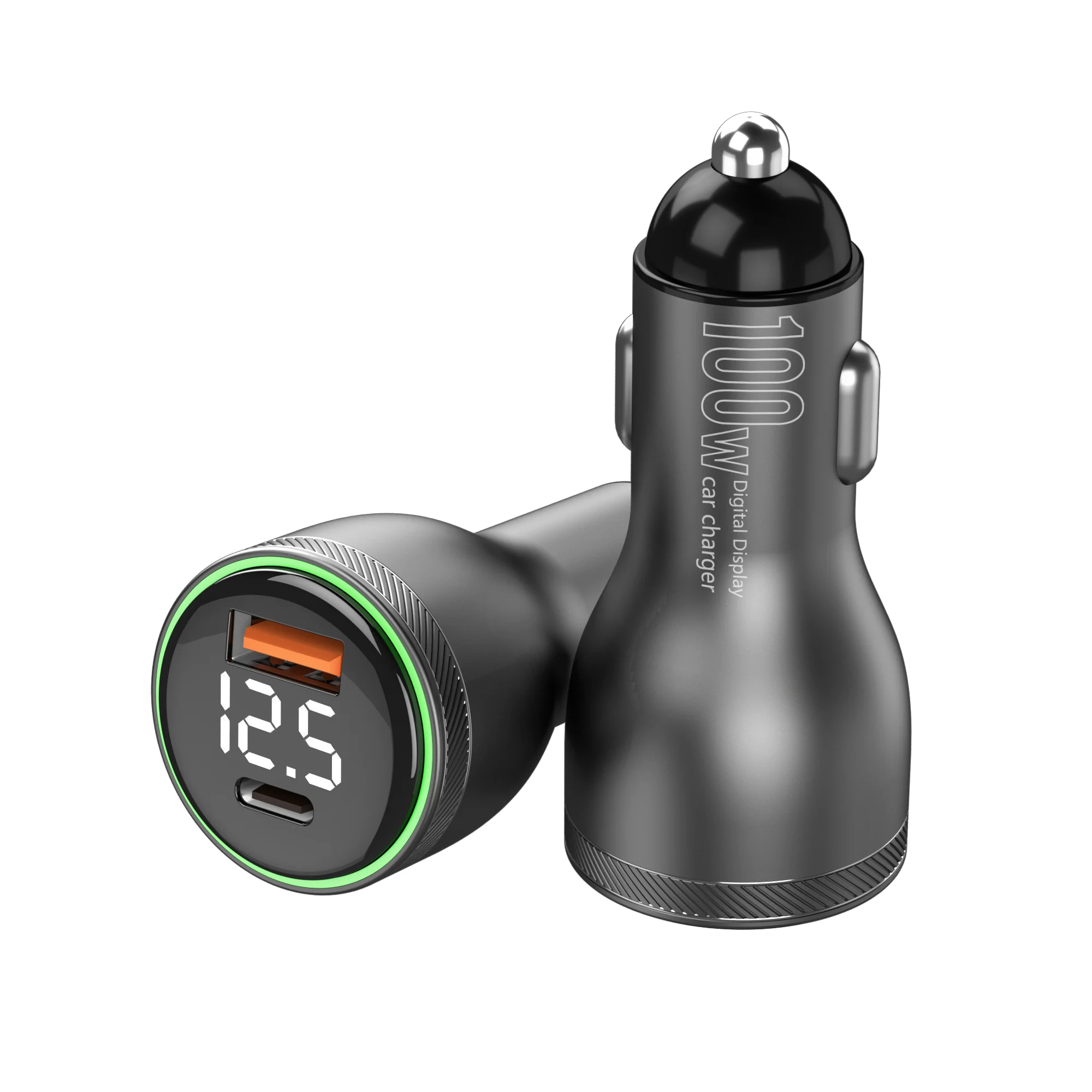 2023 New Product Super Power PD100W Car Adapter Dual Port Fast Charge USB QC 3.0 Type C 12V/24V Metal Aluminum Alloy Car Charger