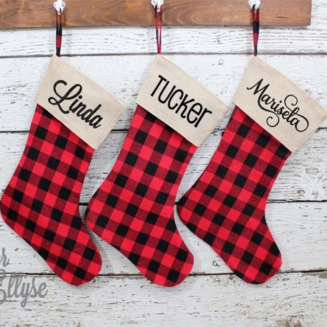 New Arrival Burlap Plaid Christmas Stocking For Family Ornaments