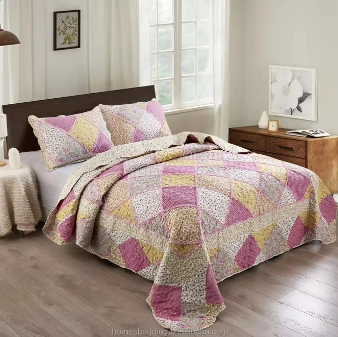 Homes Thickened Polyester Luxury Summer  US Style Patchwork Queen Bedspread with Pillow sham Set