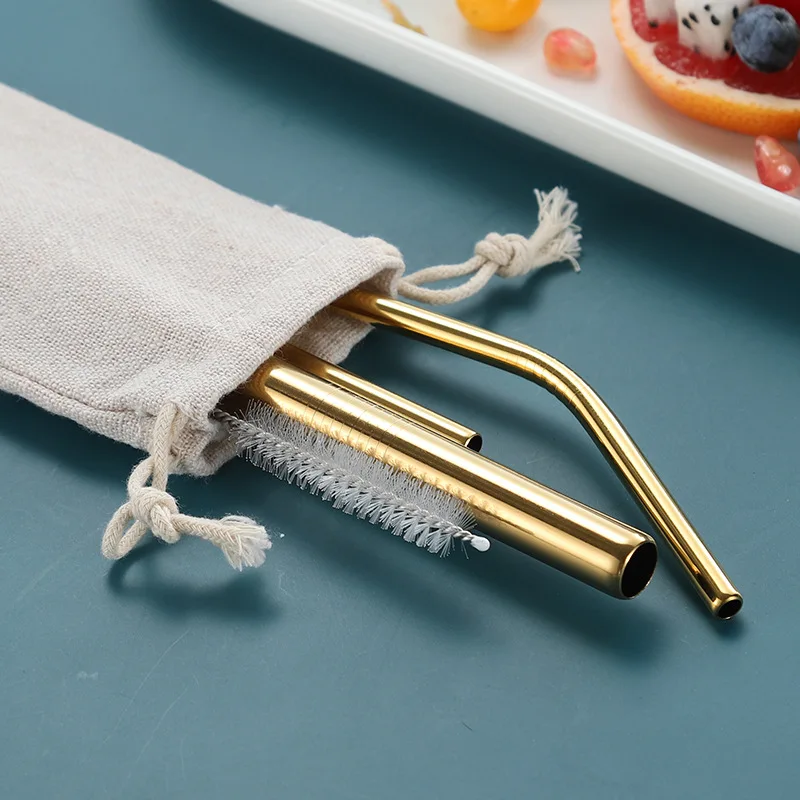 reusable stainless steel straw gold and brush set with silicone tips pouch custom