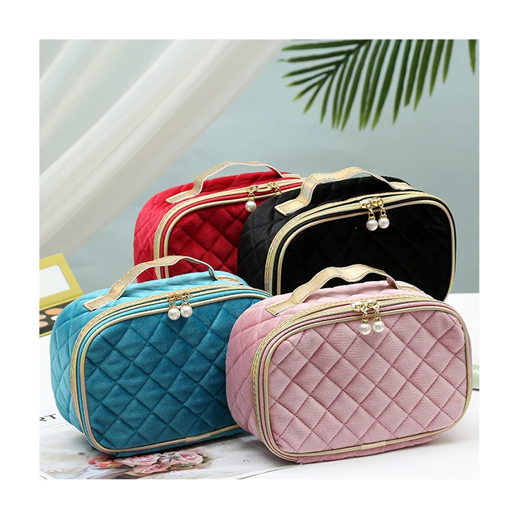 Makeup bag Pink Velvet Makeup Pouch with Pearl
