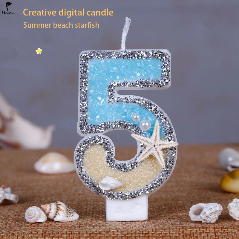 0-9 Birthday Candle for Cake, Beach Starfish Sequins Number Cake Candles, Cake Topper Decoration for Birthday Party (Number 0-9)