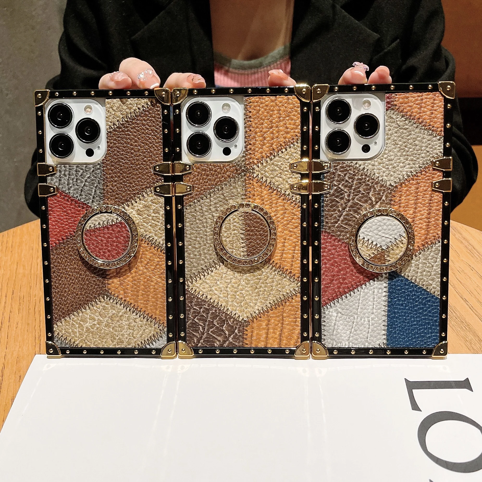 Luxury Square PU Leather Case Fashion Geometric Vintage Patch Lattice Leather Phone Cover For iphone 13 Pro max 12 min xs max 8