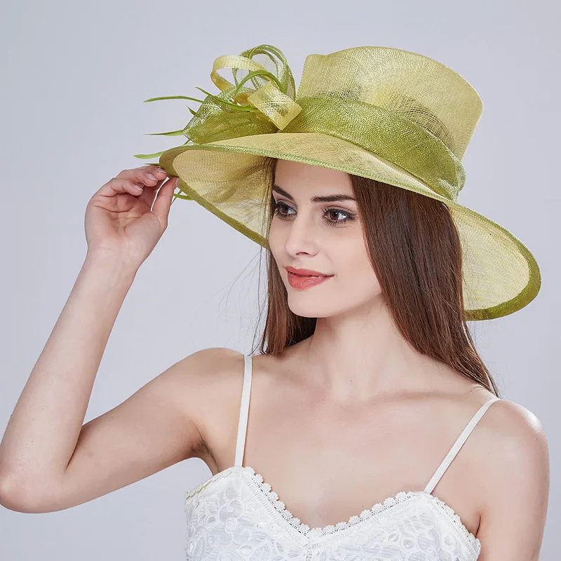 2024 Custom Fashion Women Lady Sinamay Wide Brim Church Hat Kentucky Derby Dress Hat Flower Tea Party Wedding White Hat