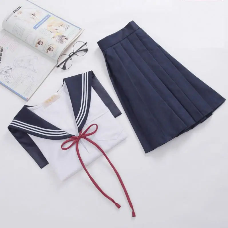 New Custom 60% Polyester 40% Cotton Women Sailor Suits Girls Embroidered Logo Autumn JK School Uniform Sets