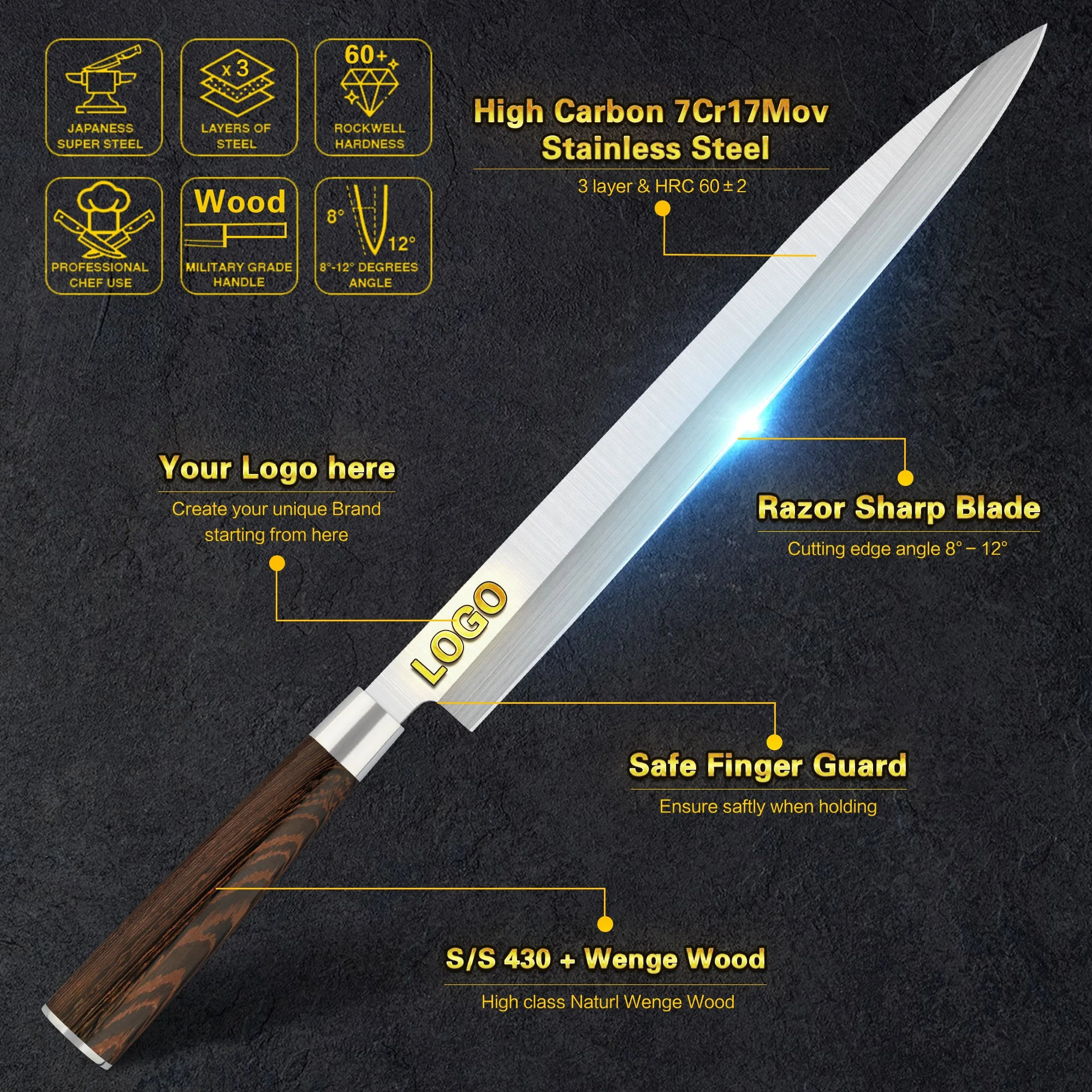 10% Off Custom Logo 12 inch Right Hand cuchillo yanagiba long japanese sushi knife with Wenge Wood Handle