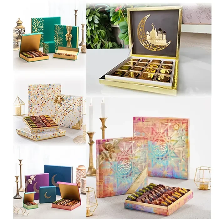 custom Saudi Arabia Walnut Ramadan Assorted Roll Elegant dessert Box Golden Small Boutique Sweets Premium Baklava chocolate Box