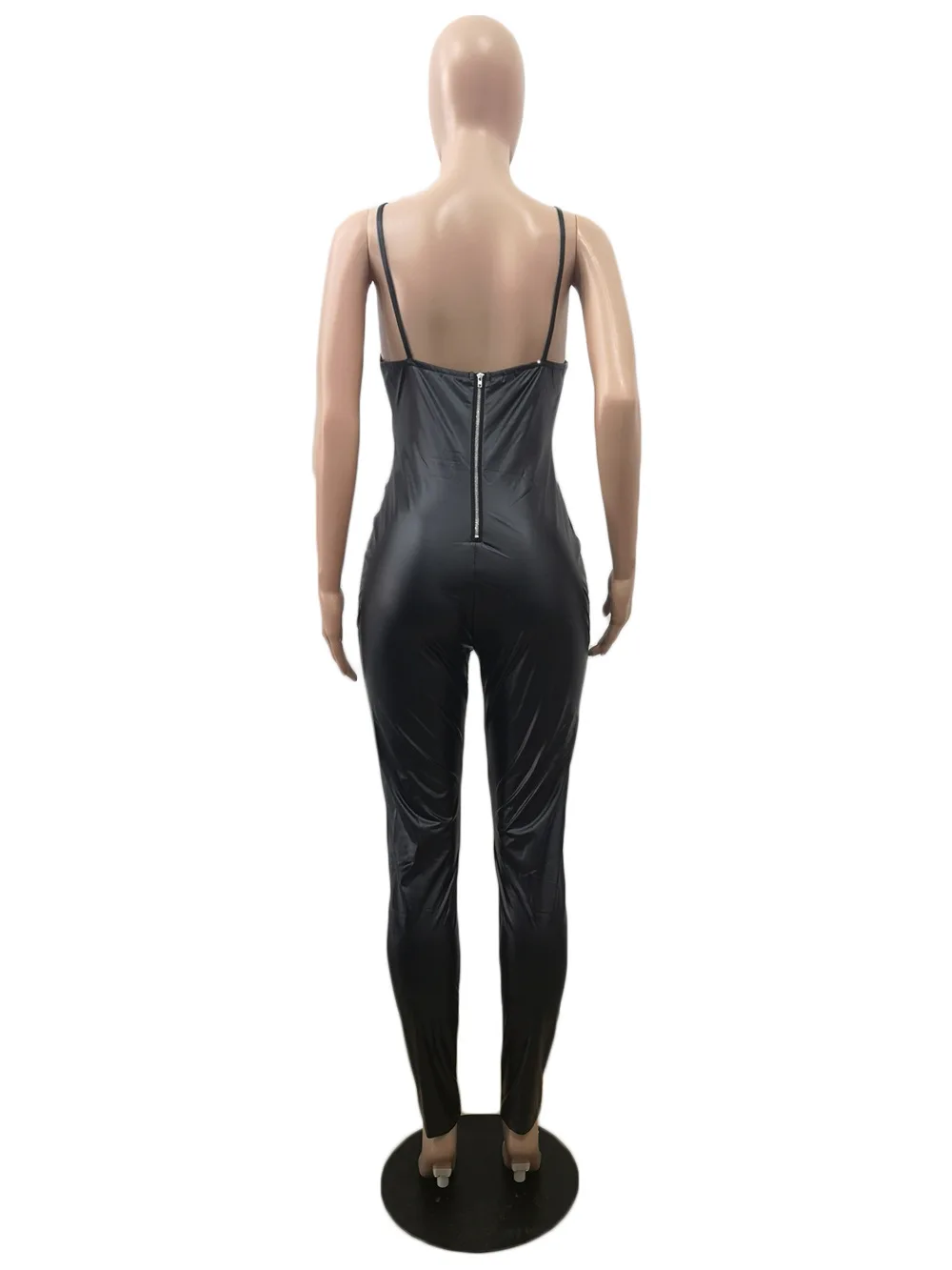 Women Sexy Skinny Backless Bodysuit PU Leather Skintight Sleeveless Jumpsuit Sehe Fashion