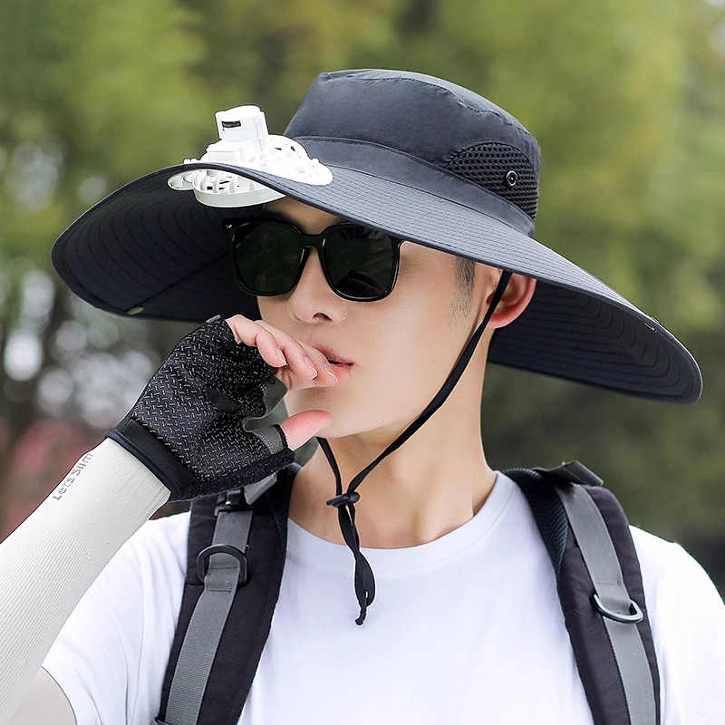 Mens Summer Large Brim Fishing Cowboy Hats Large Brim UV Protection Bucket Hat Outdoor Hiking Breathable Fisherman Hat with Fan
