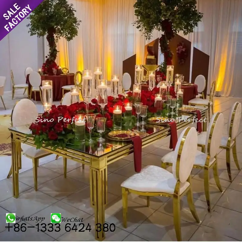 Cheap Price Hotel Stainless Steel Oval Shape Glass Golden Wedding Tables For Groom And Bride
