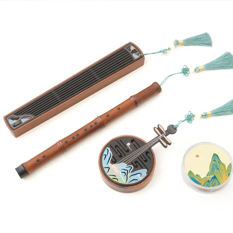 Chinese Zither  Yueqin Flute Incense Gift Set Wooden Incense Set Picturesque Landscape Incense Stick Box