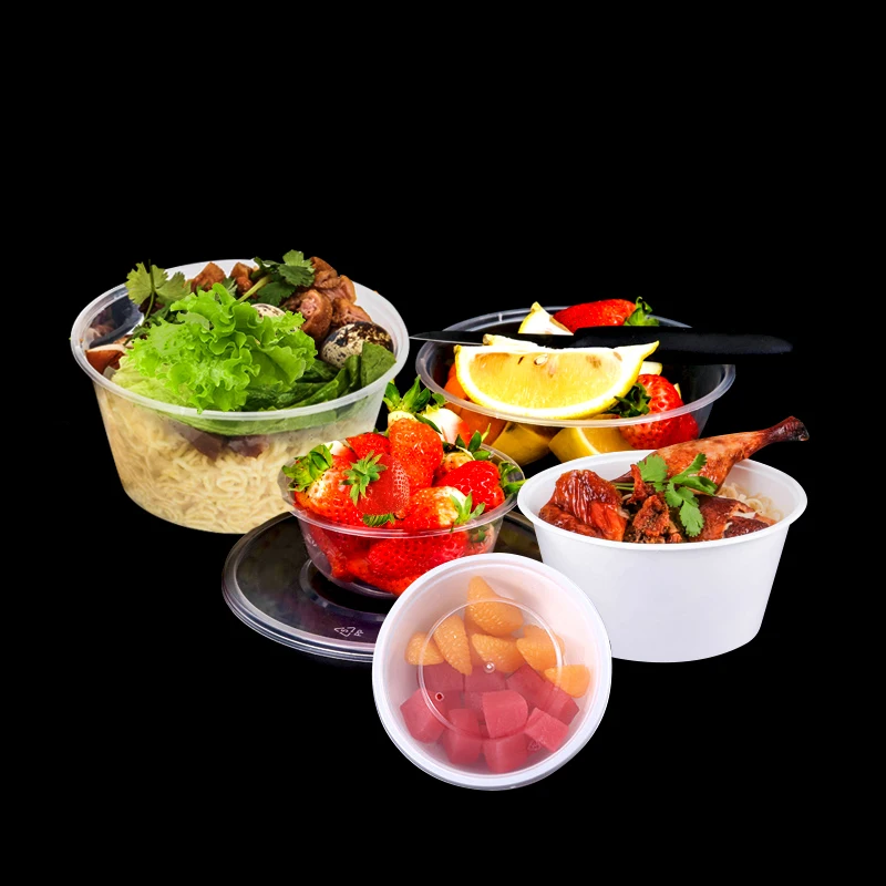 Disposable Plastic White Round Takeaway Fruit Salad Soup Food Bowl Container With Lid