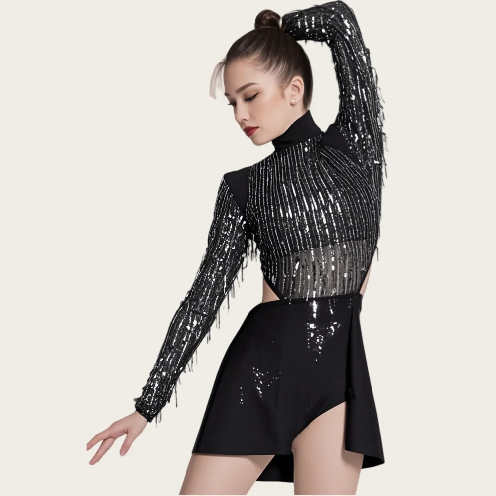 Sequin Fringe Mesh Children Acrobatic Gymnastics Dance Dress Have Fully Lined Bandeau Front Brief Liner Long sleeve leotard