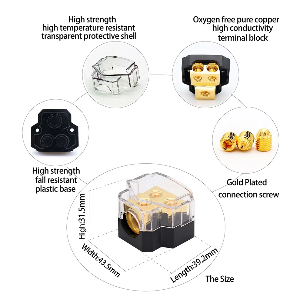 0/2/4 Gauge in 4/8 Gauge Out 2 Way Amp Copper Power Distribution Block for Car Audio