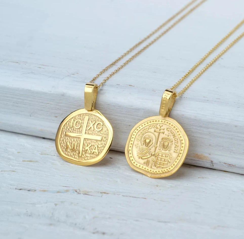 New Design Stainles Steel 18k Gold Plated Constantine Coin Pendant Modern Byzantine Cross Icxc Nika Necklace