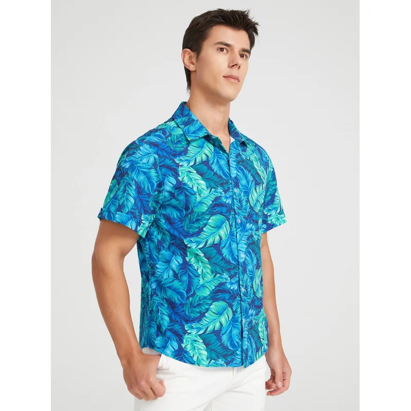 Summer polyester spandex full printing vintage aloha beach short sleeve button up t shirt island resort hawaiian shirt for men