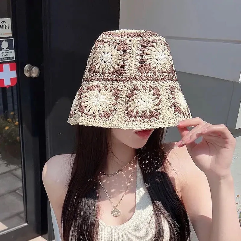 Handmade Panama Crochet Sun Flower Straw Beach Fascinator Cap Visor Bucket Hats