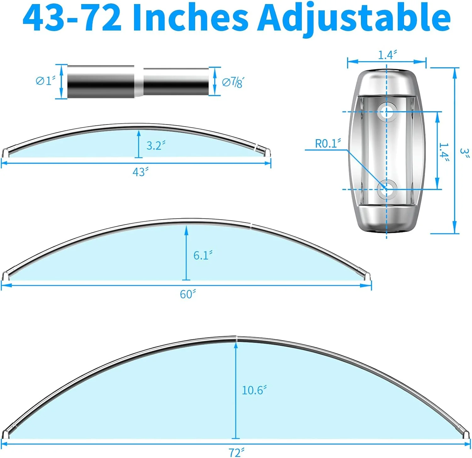 CF BSR99 Curved Stainless Steel Shower Curtain Rod 43-72 Inches Adjustable multifunction Shower Curtain Rod Tension Anti-Slip