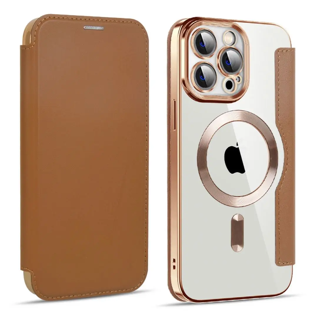 Mobile Phone Cases for iPhone14Pro magnetic wireless charger phone case S23 card Mag safe flip protective leather case