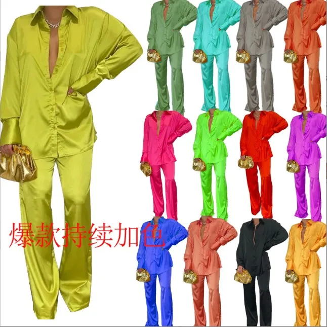 GX0613 Spring fall women S-XXL plus size long sleeve shirt and pants satin 2 piece set lounge wear set causal loose clothes
