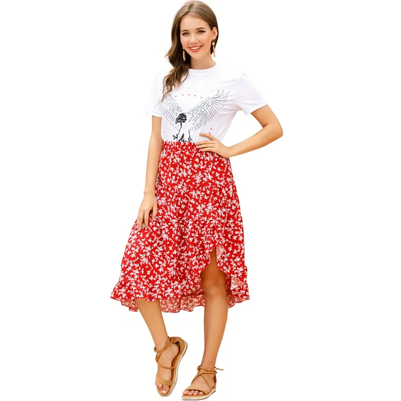 Wholesale Summer Floral Irregularly Elasticated Waist Chiffon A-line Skirt for Ladies