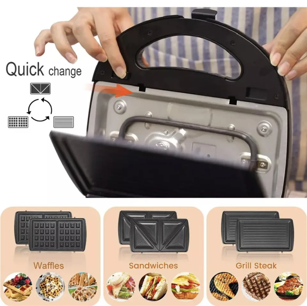 3 в 1 электрическая сэндвич-машина со съемной антипригарной вафельной и гриль-пластиной, пресс для завтрака, вафельница