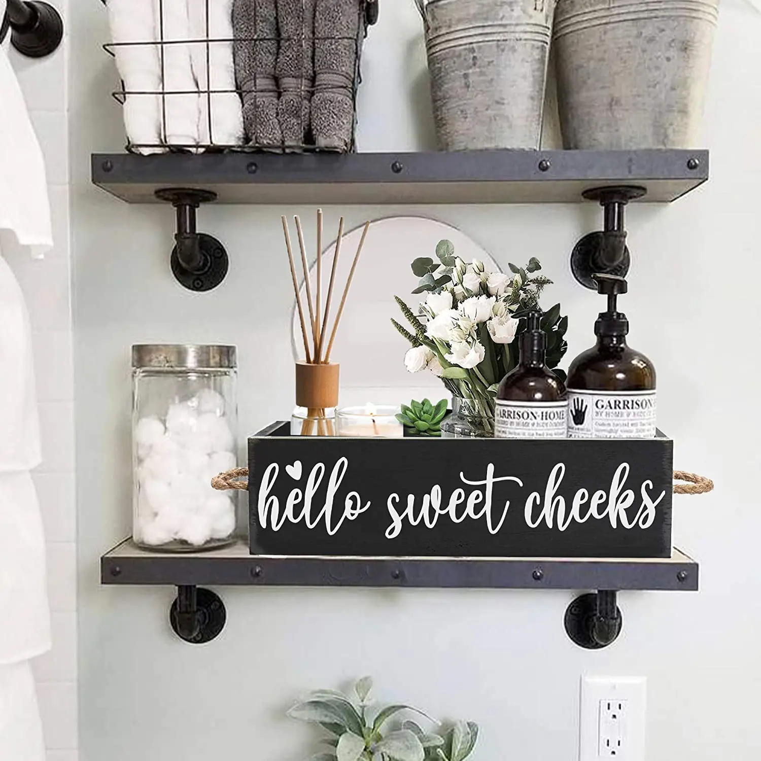 Rustic Black Wooden Planter Basket Storage Organizer Box | Customized Words Tank Holder Caddy With Rope