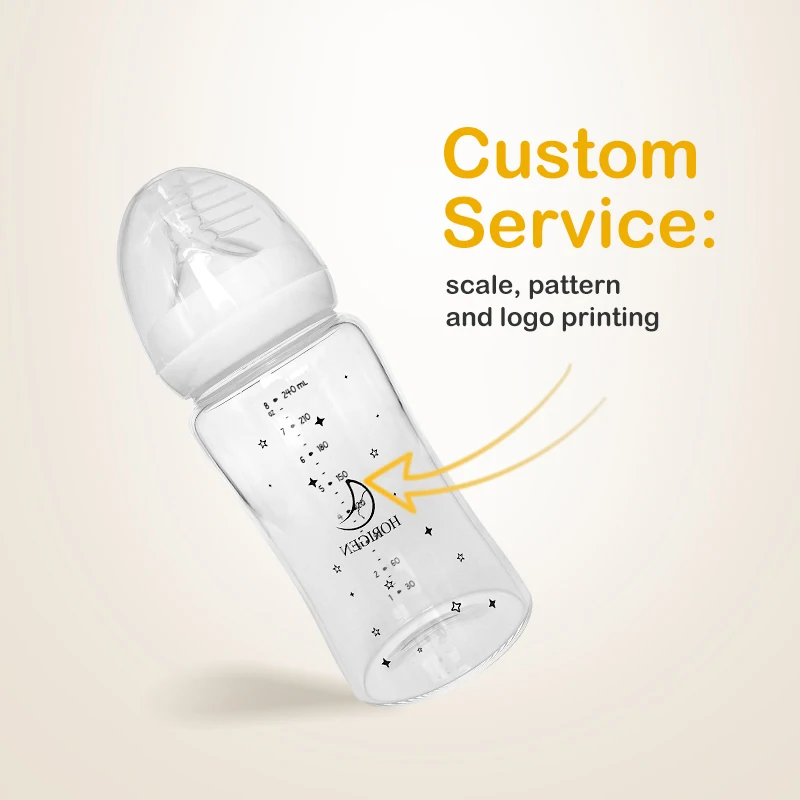hot selling baby products wide neck borosilicate glass baby bottle milk feeding bottle for newborn baby