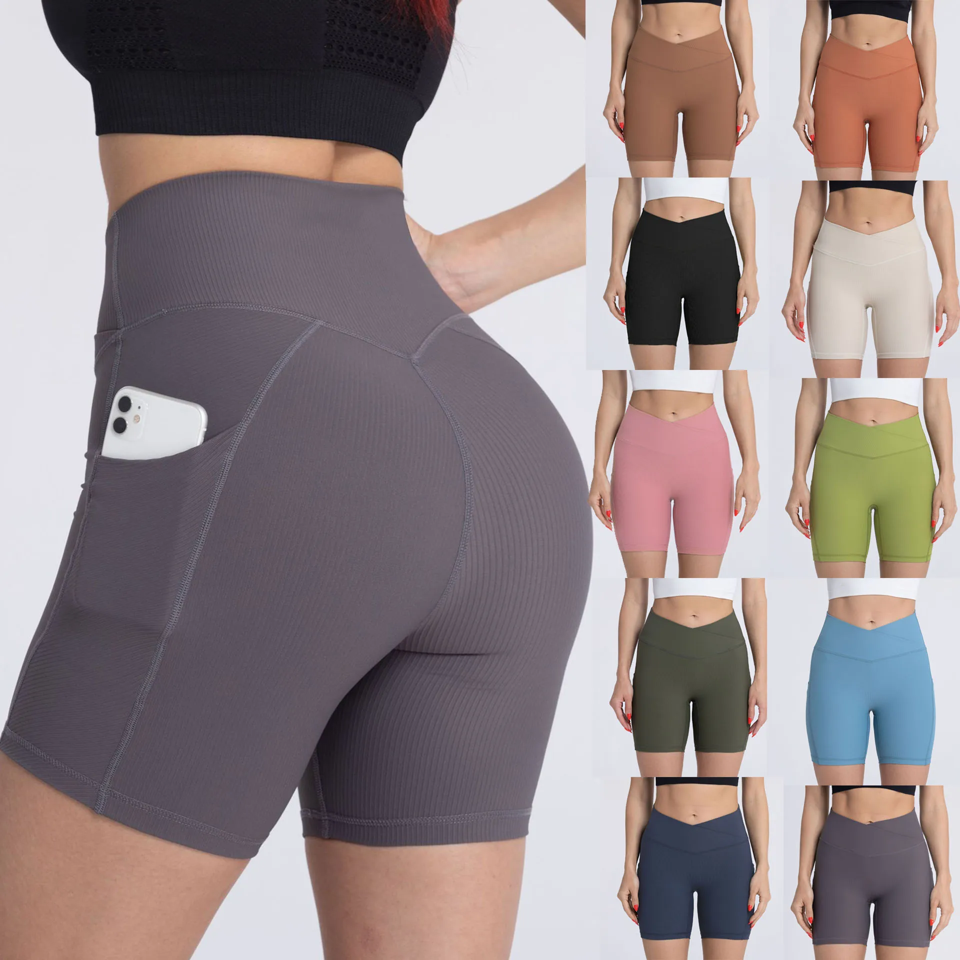 2024 Summer Women High Waist Cross Type Compression Quick Dry Training Shorts with Phone Pockets Gym Fitness Yoga Shorts