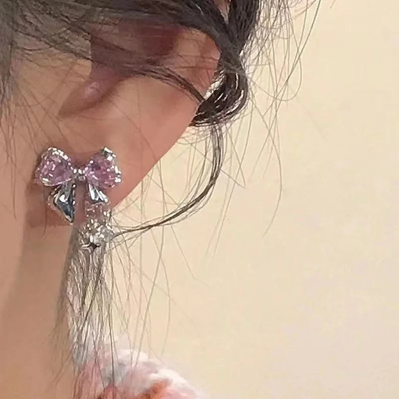 2023 New Korean Style Exquisite Pink Zircon Bowknot Stud Earrings for Women Girls Sweet Star Pendant Earring Jewelry