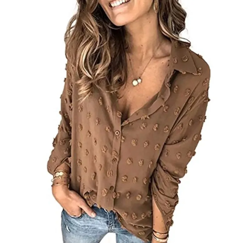2021 autumn new solid color women fur ball shirt lapel long-sleeved loose top ladies shirt cardigan sweaters