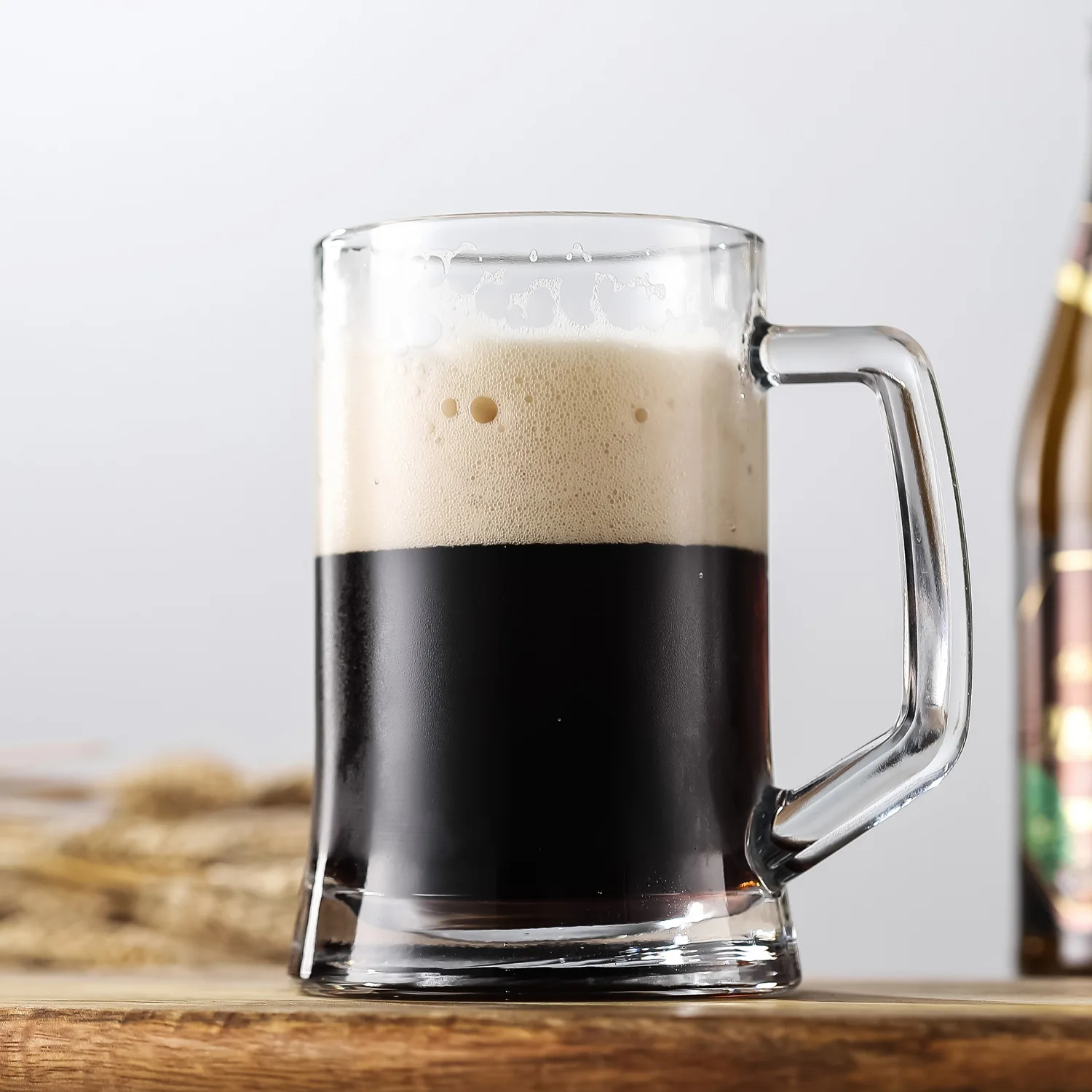 cheap price custom logo Clear Glass juice Cup with Handle Craft Beer Glass Munich beer glass mug