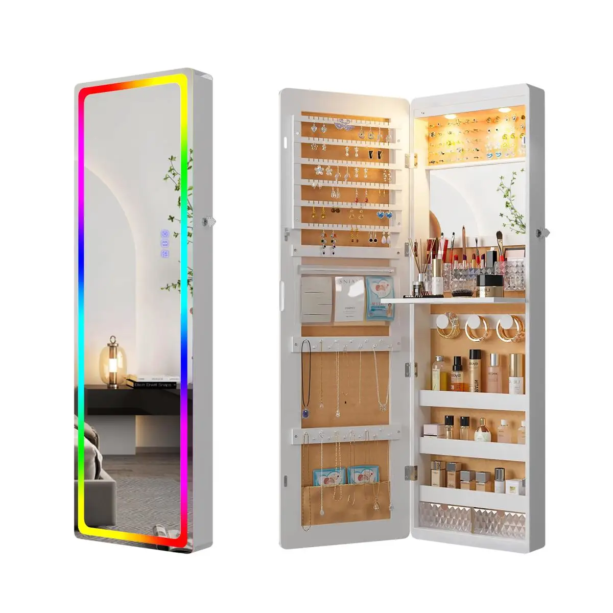 Wooden Full-Length Mirror Storage Jewelry Display Showcase Stand with LED Light
