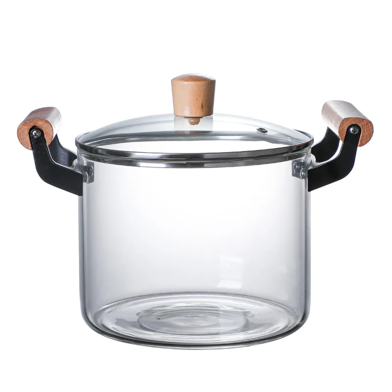 OEM Big Size Glass Soup Pot Heat Resistant Pyrex Clear High Borosilicate Glass Cooking Pot Set Cookware With Wooden Hand