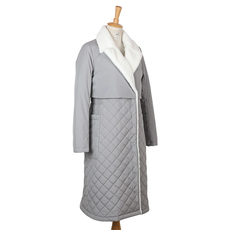 Long straight winter coat with rhombus pattern Casual sashes women parkas Deep pockets tailored collar stylish outerwear