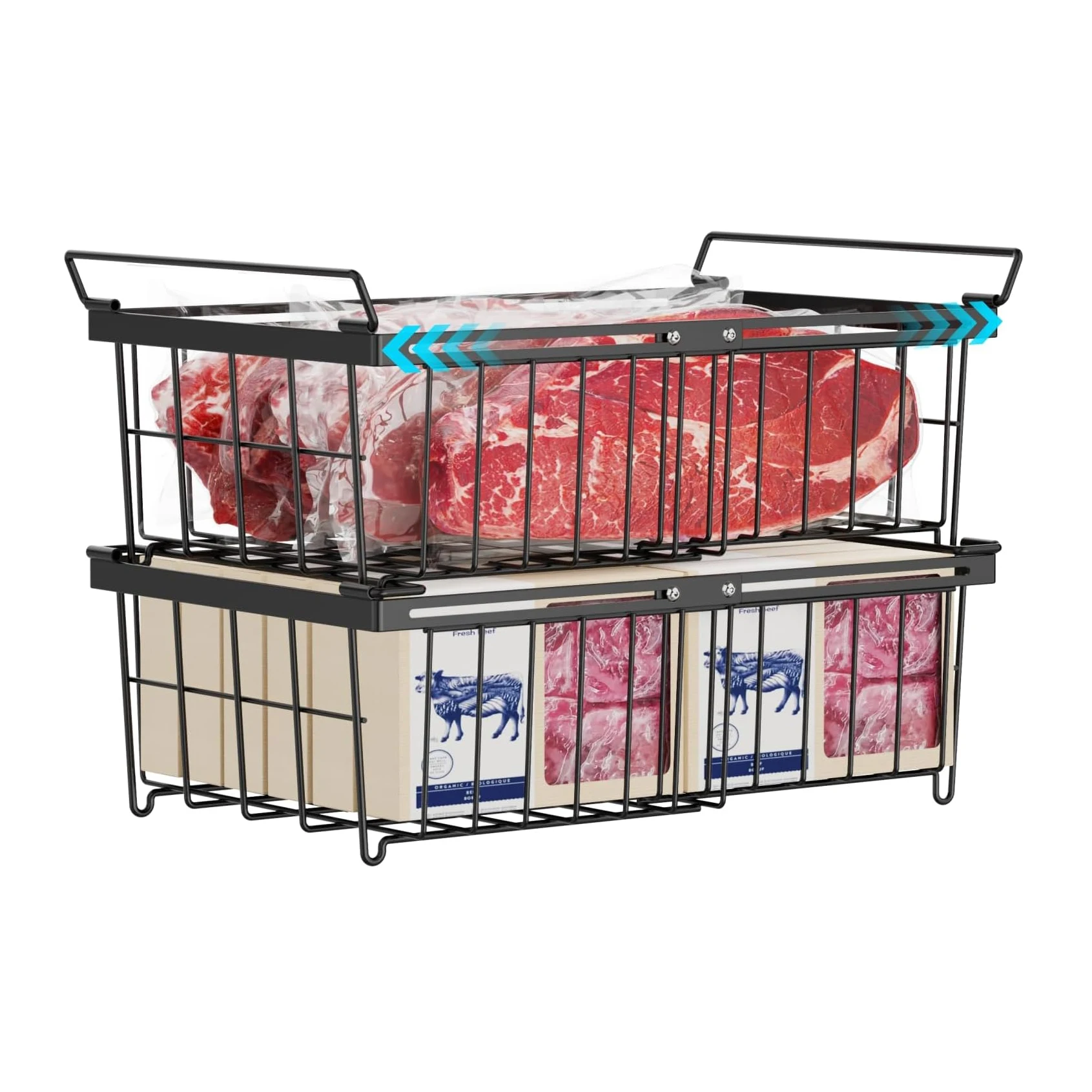 Large Expandable Stackable Deep Freezer Organizer Bins Sort and Easily Get Food with Handle