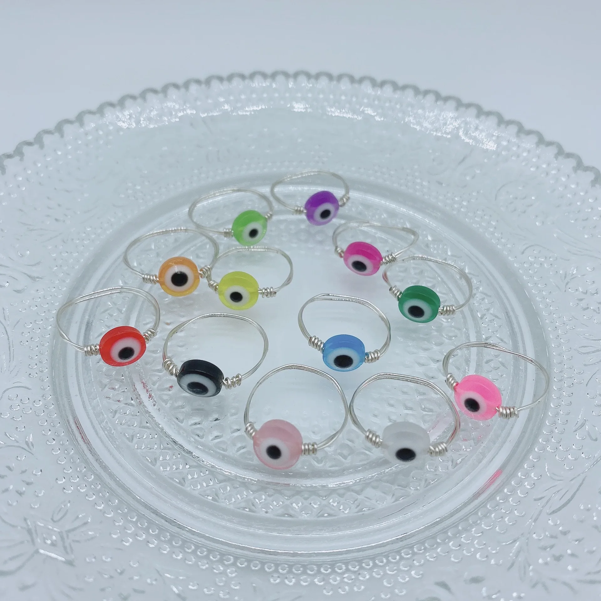 Vintage Coloful Blue Woven Handmade Silver Copper Wire Wrapped Turkish Acrylic Ring