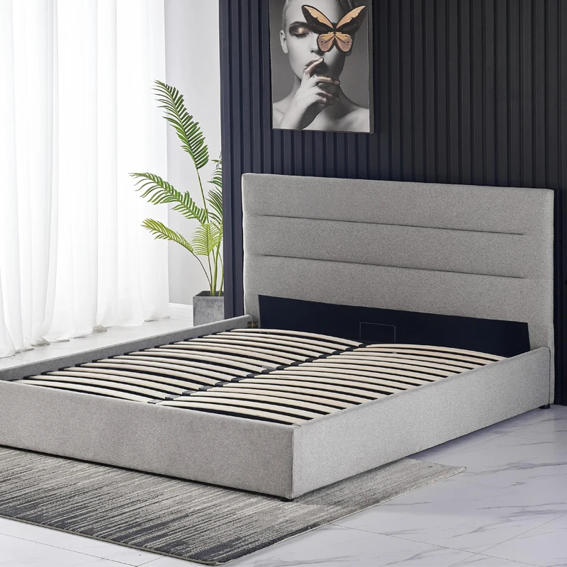 Upholstered velvet fabric queen king bed frame with high headboard