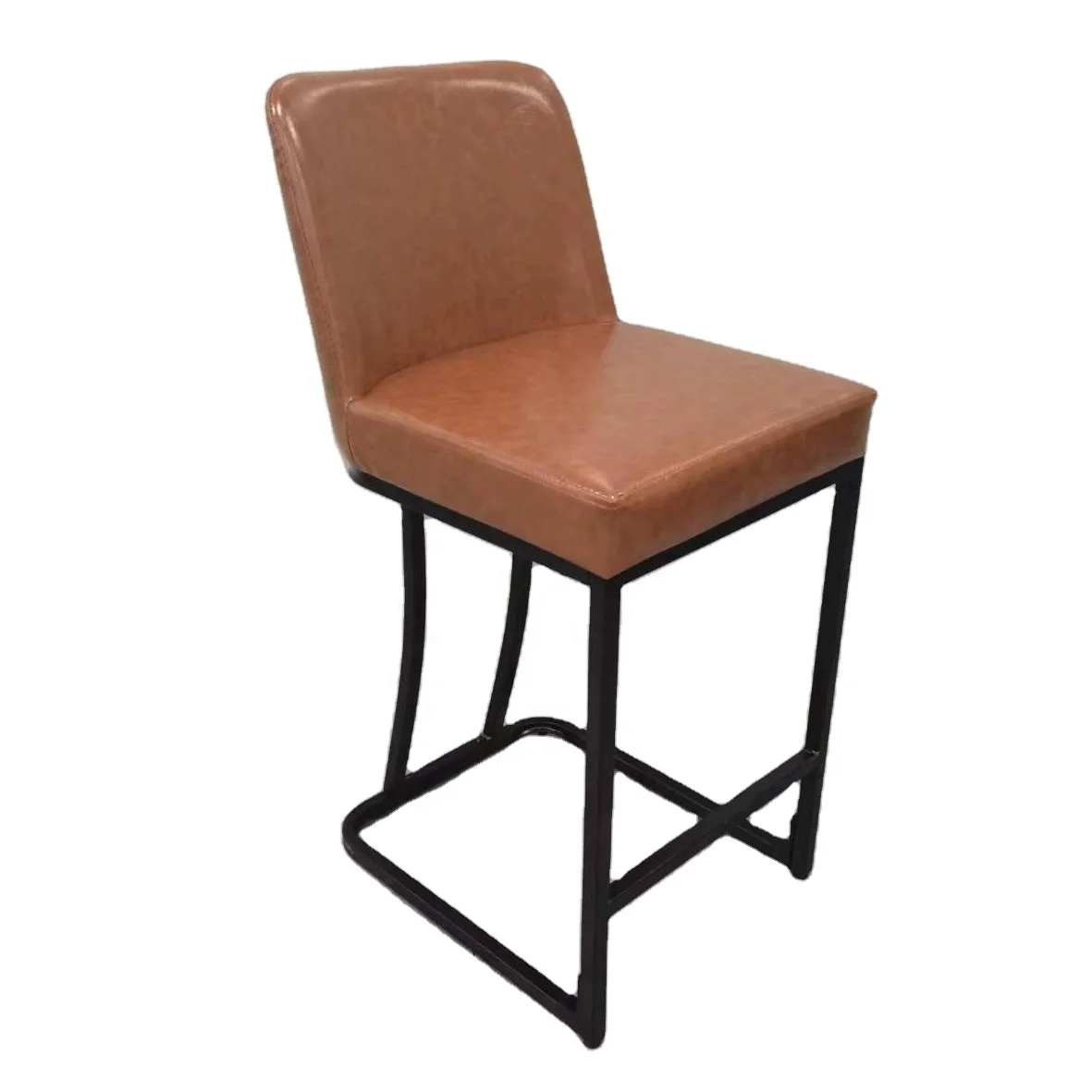 Modern Luxury Kitchen Counter High Upholstered Glossy Synthetic Leather Bar Stool Chair with Metal Legs